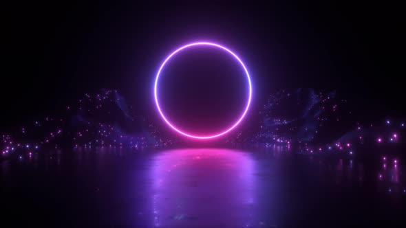 Colorful Circle Neon Glowing Frame And Landscape Backdrop