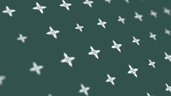 Dynamic background of white snowflakes that change their size in chaotic manner on tidewater green