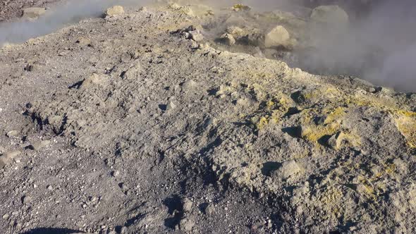 Volcanic Gas Exiting Through Fumaroles on Fossa Crater of Vulcano Island. Steaming Surface. Lipari