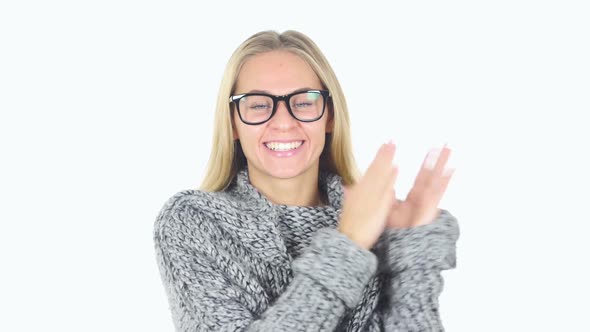 Clapping Woman at Work Applauding White Background