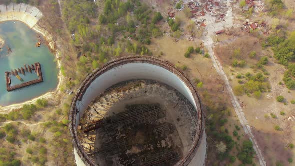 Drone Flies Over the Cooling Tower, Aerial View