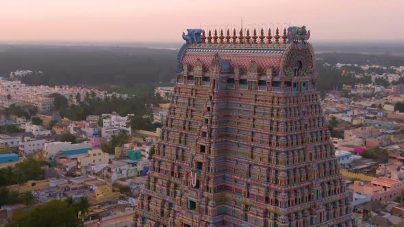 South India "Gopuram" at Srirangam Trichi, India, 4k aerial 