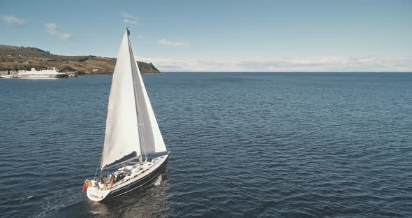 Closeup Slow Motion of Sail Boat at Ocean Gulf Aerial