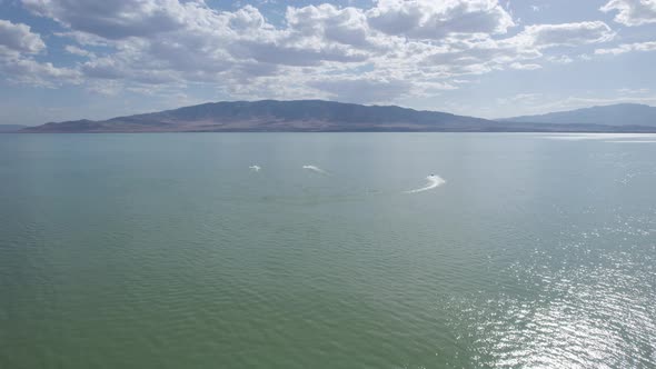 Utah Lake with People Boating during Summer - Aerial with Copy Space in SKy