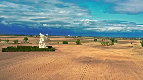 Astronomical observatory to observation the sky on brown field.