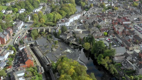 Aerial Flight Over Llangollen a Town in North East Wales Aerial View