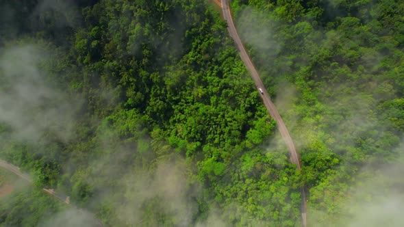 An aerial view from a drone flying over the many fogs in the mountains