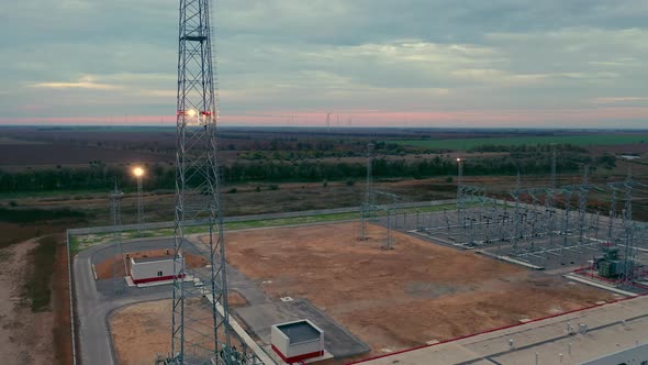 Drone Is Flying Over the Power Station in the Evening Electricity