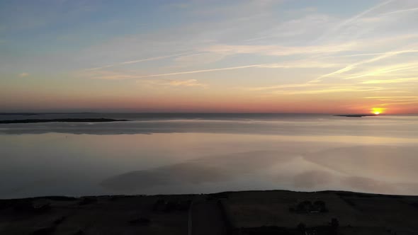 Aerial view across Sejerøbugten with beautiful sunset.