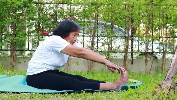 Asian elderly woman exercising at home