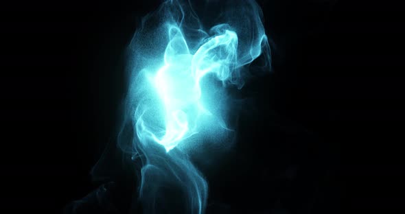 Blue turquoise smoke and flames dancing on black background.