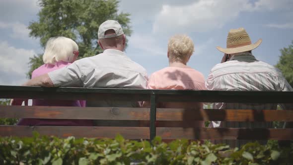 Two Adorable Mature Couples Sitting on the Bench and Talking Together