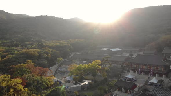 Aerial shot of Meobeosa Temple in Busan, South Korea. Sunset, Sunrise.