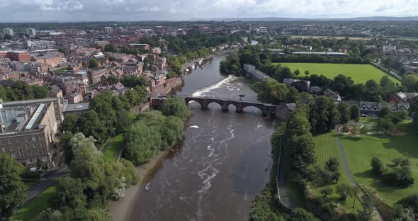 Aerial high pass above River Dee in Chester, England