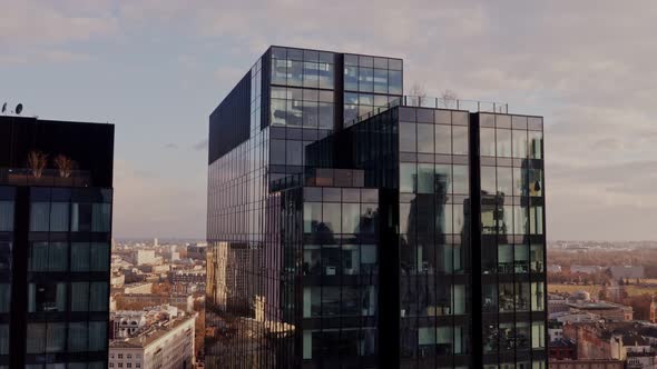 Tops of Glass Skyscrapers with a Garden on a Flat Roof Bird's Eye View