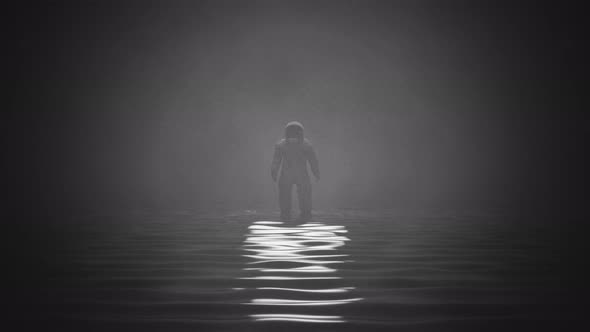 Astronaut in the ocean with black and white environment. Cosmonaut in the water. Space traveler