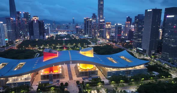 Aerial footage of night cityscape in shenzhen city, China