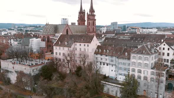 Aerial wide view of Basel Minster from the rear Pflaz, Switzerland