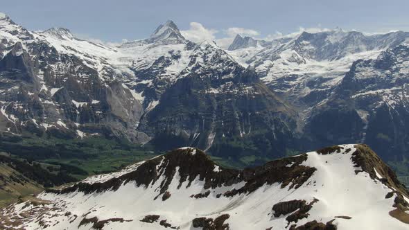 Aerial panorama of Bernese Alps summits near Grindelwald, Switzerland