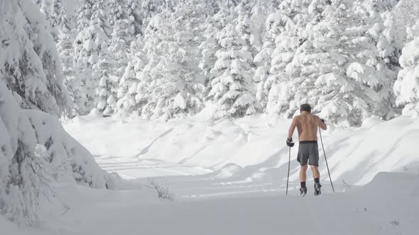 An Older Halfnaked Crosscountry Skier Skies Up a Trail in a Snowcovered Winter Landscape
