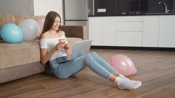 Birthday Girl Having Fun Talking By Video Using Laptop