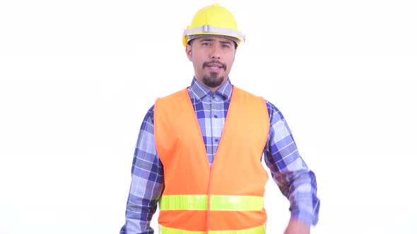 Happy Bearded Persian Man Construction Worker with Ok Sign