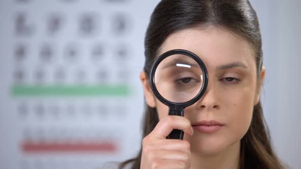 Beautiful Female Looking Through Magnifying Glass, Fundus Examination, Checkup