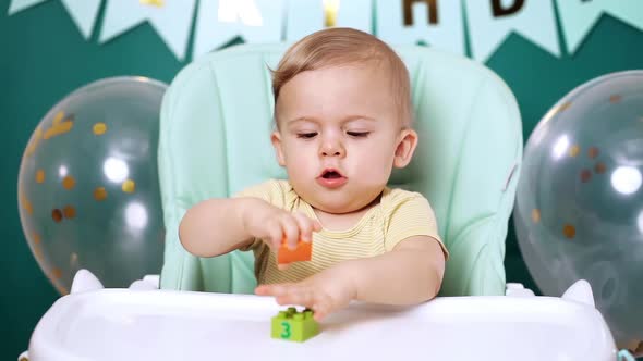 Cute Baby Boy Sitting in His Chair and Playing with Colorful Bricks. 