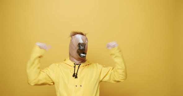 Happy Guy Enjoying Dance with Horse Mask on Yellow Background