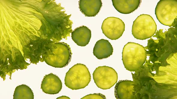 Sliced Cucumber and Lettuce on White Background, Organic Food, Healthy Nutrition