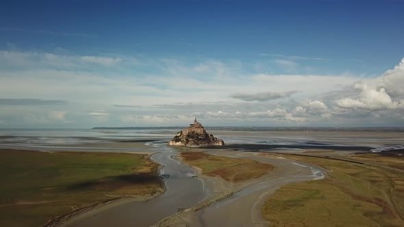 Aerial Drone View of Le Mont Saint Michel Iconic Island and Monastery at Suny Day Normandy France