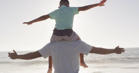 African american father carrying son with arms wide on sunny beach