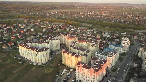 Aerial view of high residential apartment buildings at sunset in Ivano-Frankivsk city, Ukraine