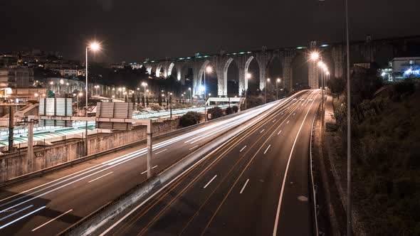 Night Trails Timelapse with ancient Aqueduct