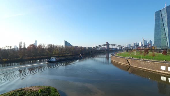 Freight ship on River Main, ECB Headquarter, Frankfurt am Main