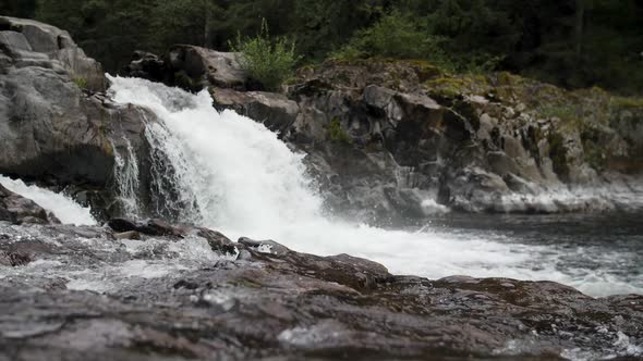 Wide slow motion shot of a small waterfall.