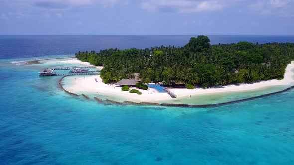 Drone view sky of shore beach voyage by lagoon with sand background