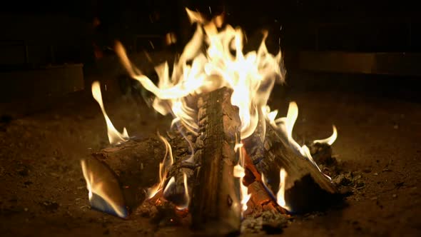 Slow Motion Shot of Wood Burning in Fire, Burning Billets