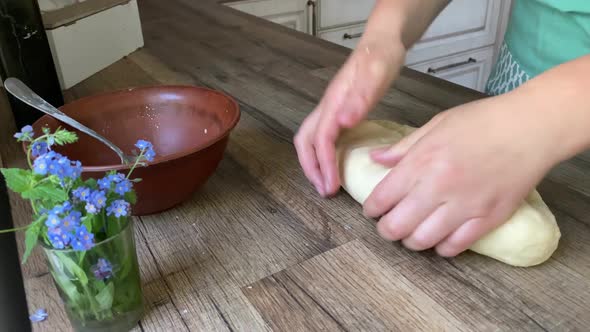 Female Hands Kneading Dough on Wooden Worktop Indoors