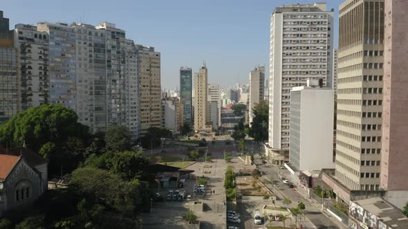 Rosevelt Square Aerial view on a sunny day, empty during Covid Quarantine, Sao Paulo, Brazil