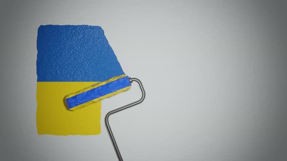 Roller paints the wall in colors of  Ukrainian flag.