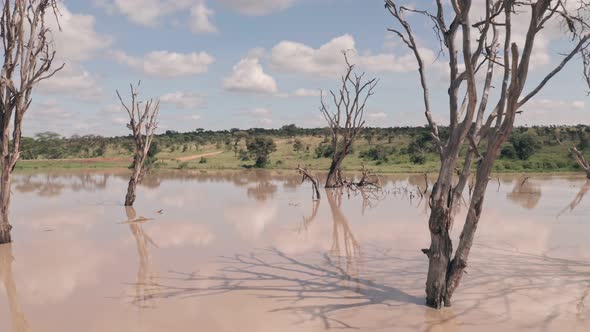 Waterhole lake in Laikipia, Kenya. Low flying aerial drone view of Kenyan landscape