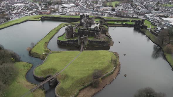 AERIAL: Sideways pan shot of Castle, Caerphilly, 4k Drone