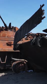 Vertical Video of a Destroyed Military Hardware in Bucha Ukraine