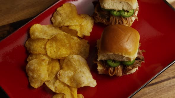 Rotating Shot of Delicious Pulled Pork Sliders