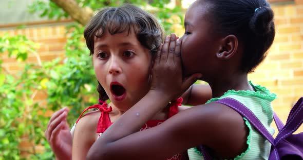 Schoolgirl whispering into her friend s ear in campus at school