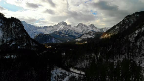 Beautiful Landscape with Mountains, forest and an Lake in Winter