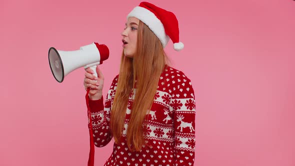 Girl in Christmas Sweater Shouting in Megaphone Announcing Discounts Sale Shopping Advertisement