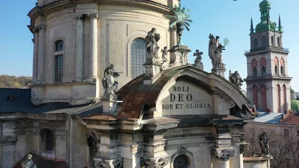 Aerial Video of Dominican Church in Central Part of Old City of Lviv, Ukraine