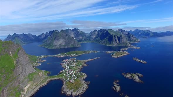 Aerial footage of coastline on Lofoten islands in Norway